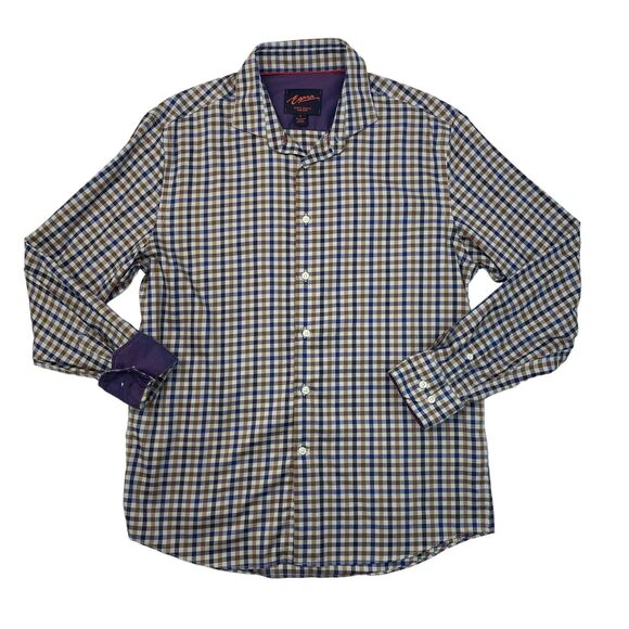 Egara Shirt Mens L Large Slim Fit Plaid Gingham Stretch Non Iron Cotton Button - Picture 1 of 10